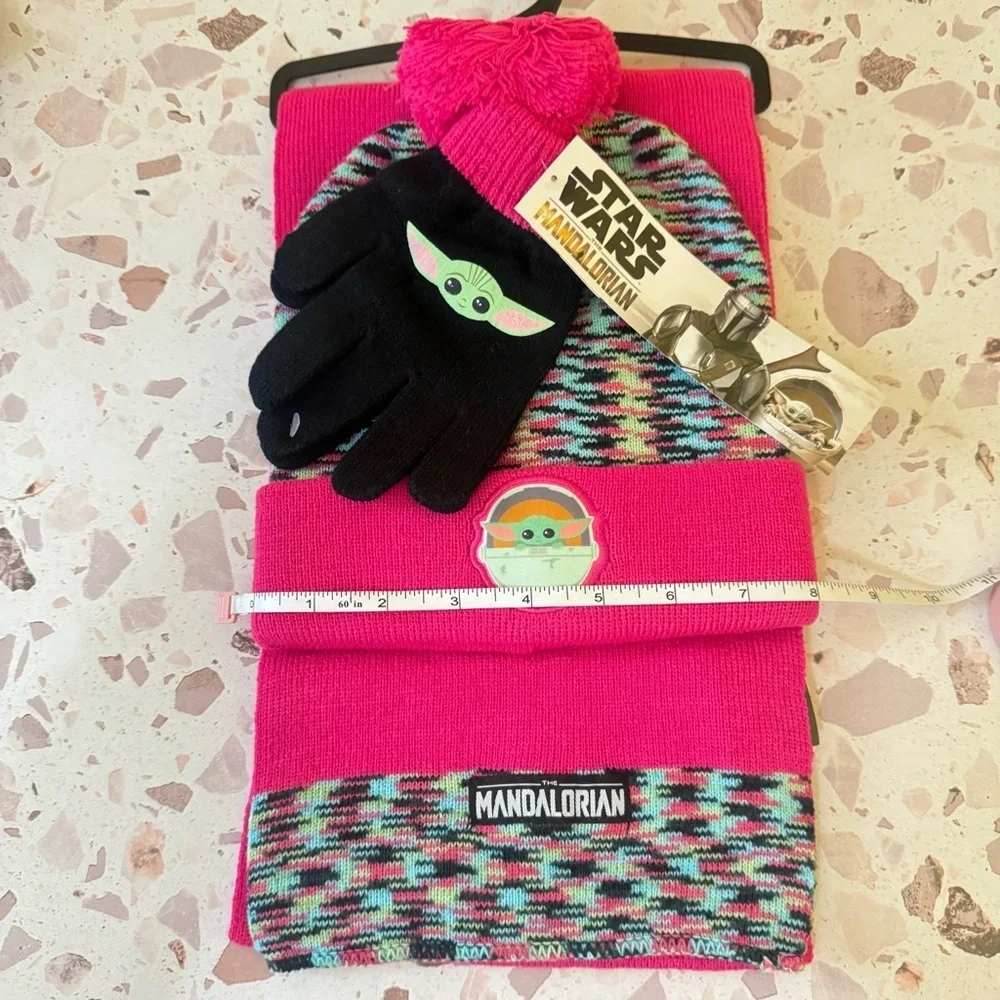 Star Wars Set New Girls The Mandalorian Grogu Baby Yoda Hat‎ Scarf Mittens Pink